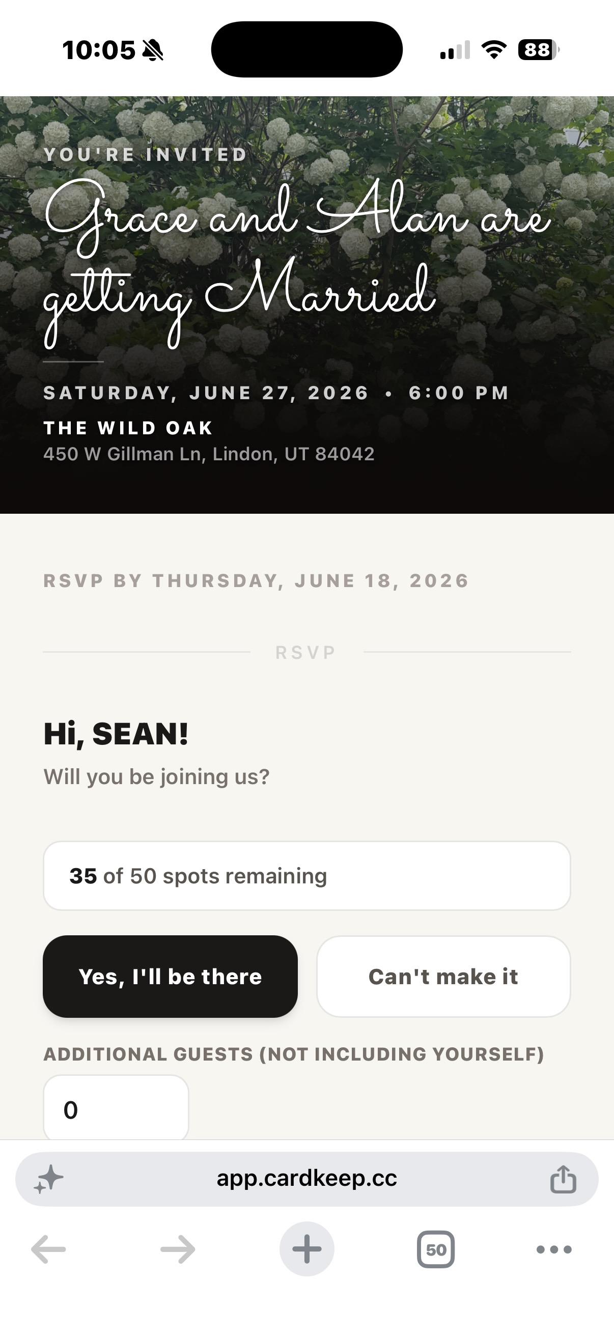 RSVP page on CardKeep